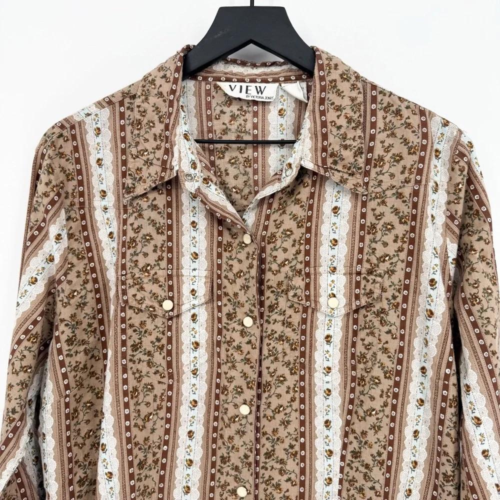 Vintage VIEW Cottagecore Floral Grannycore Snap Button Down Top Brown XL - Picture 4 of 10